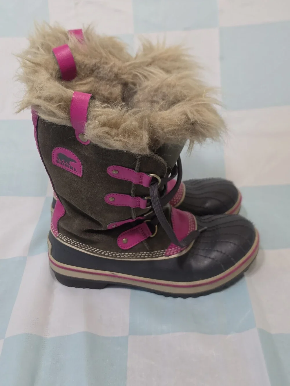 Sorel Tofino Big Kids Pink Tall Lace Up Faux Fur Waterproof Winter Boots 5